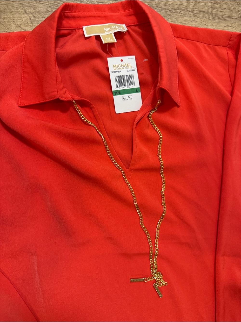 Michael Kors Bright Red Collared Long-Sleeve Blouse - Picture 2 of 7